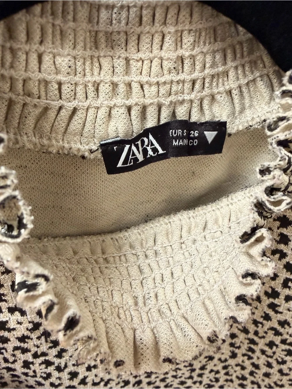 Zara Cream and Black Smocked Neck Leopard Print Top